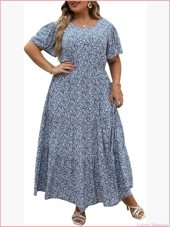 Dresses & Skirts - Plus Size Maxi Dress Bohemian Floral Print Layered Flared Long Dress with
